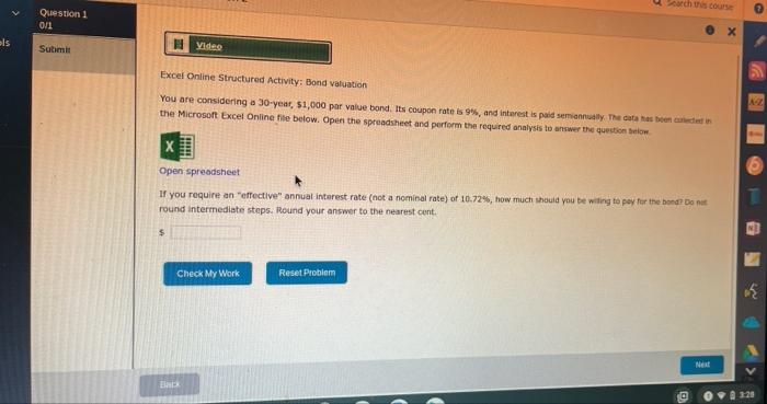  Question 1 on1 els Submit 1 Video Excel Online Structured Activity: