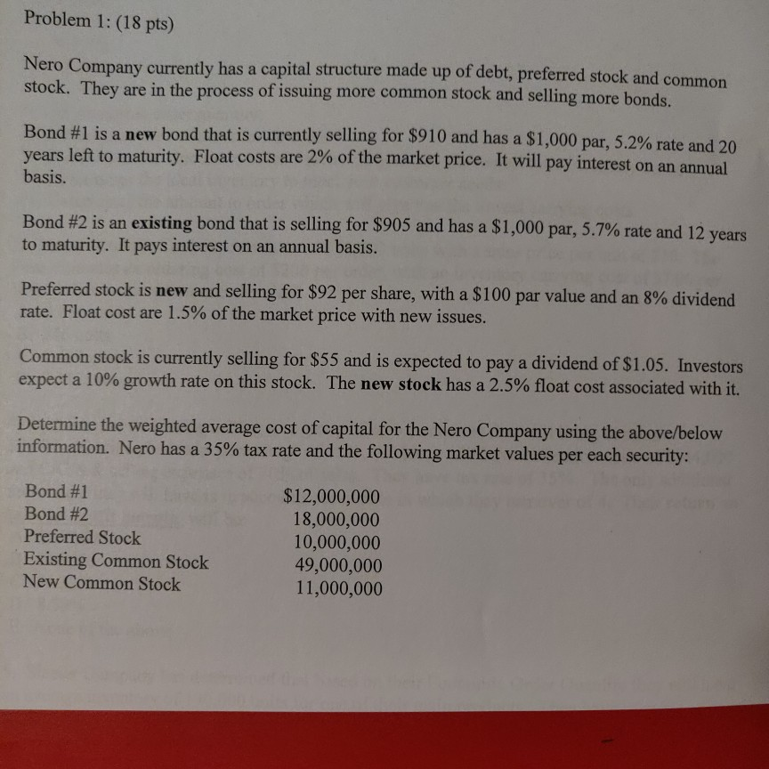  Problem 1: (18 pts) currently has a capital structure made up