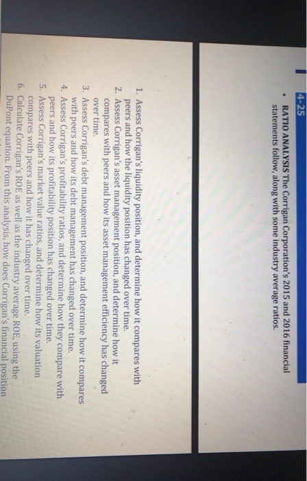  4-25 RATIO ANALYSIS The Corrigan Corporation's 2015 and 2016 financial statements