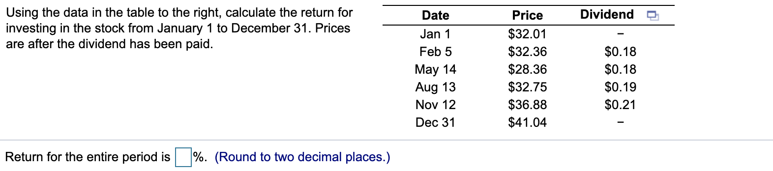 Dividende Using the data in the table to the right, calculate