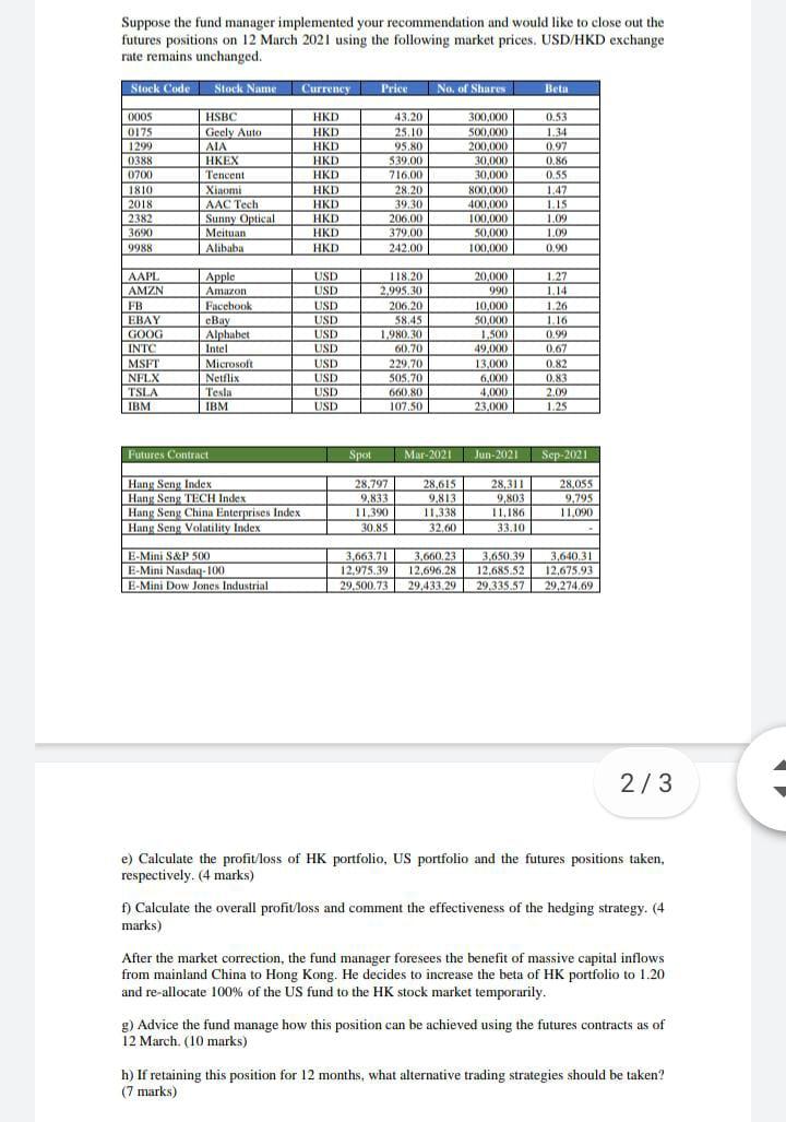 Suppose the fund manager implemented your recommendation and would like to