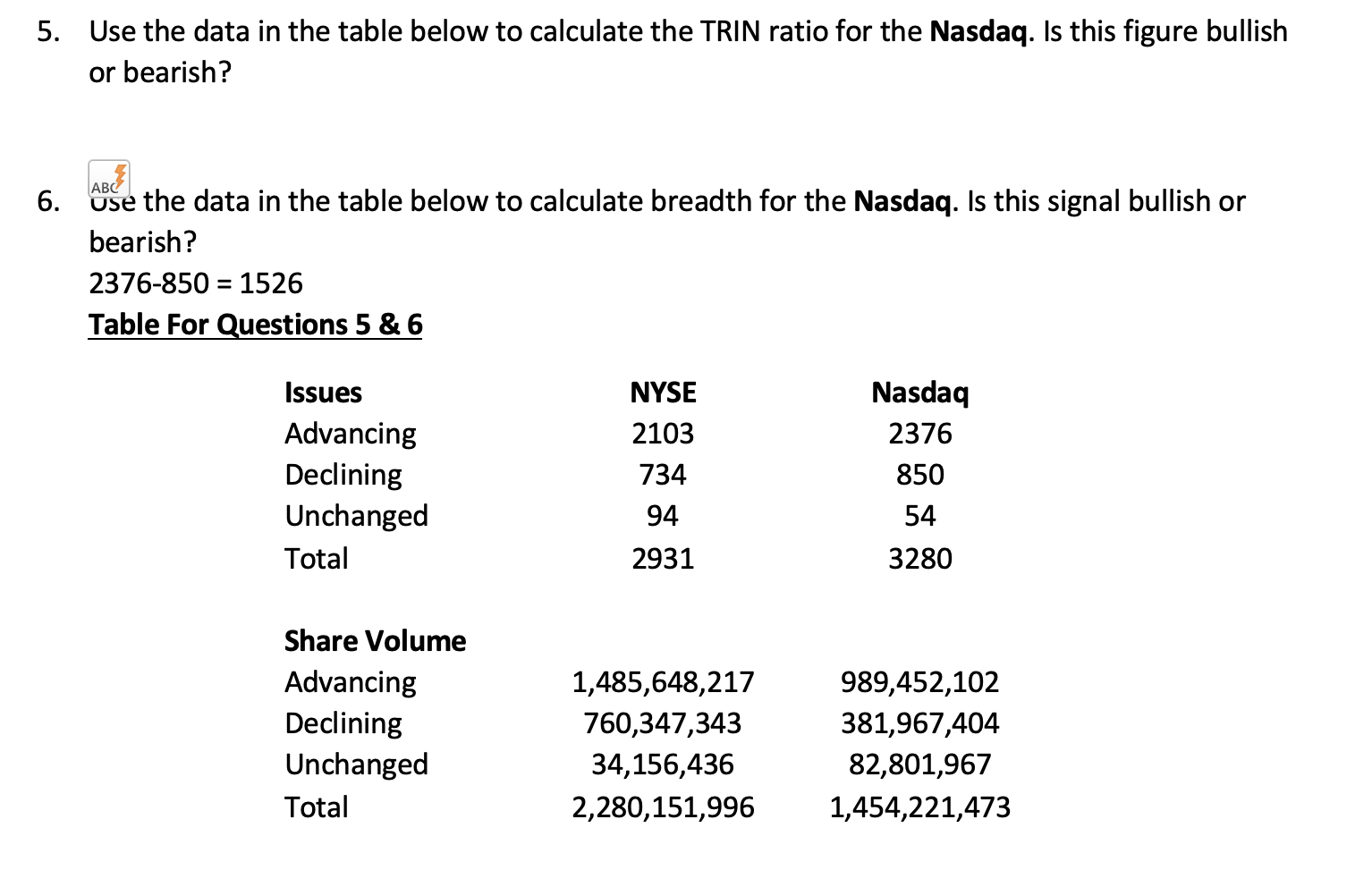  5. Use the data in the table below to calculate the