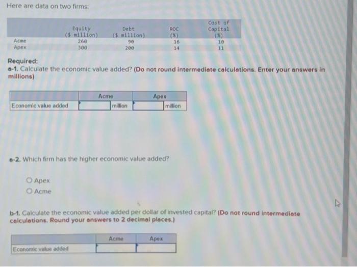  Here are data on two firms: Acme Apex Equity ($ million)