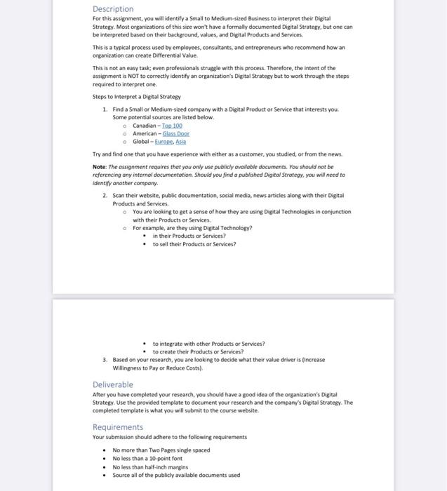  Description For this assignment, you will identify a Small to Medium-sized