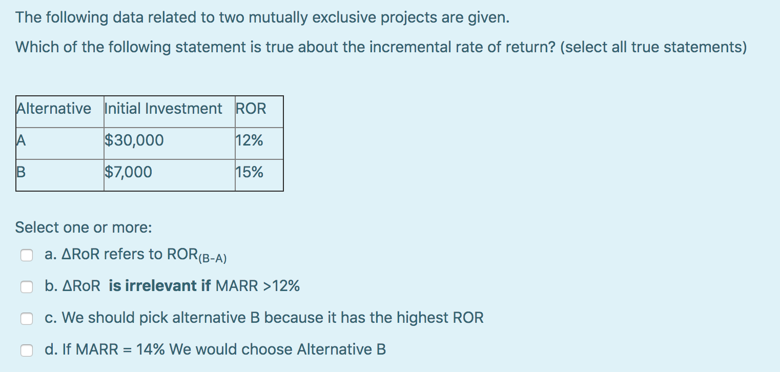  The following data related to two mutually exclusive projects are given.