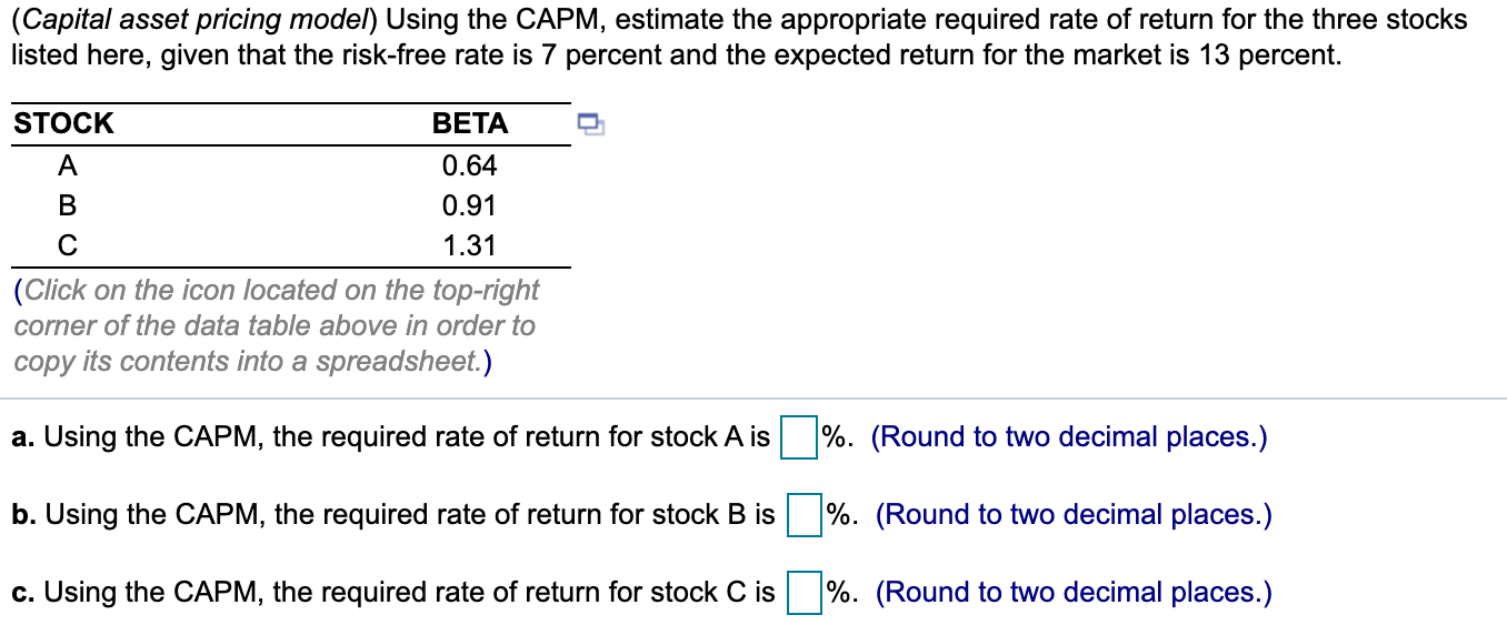 (Capital asset pricing model) Using the CAPM, estimate the appropriate required