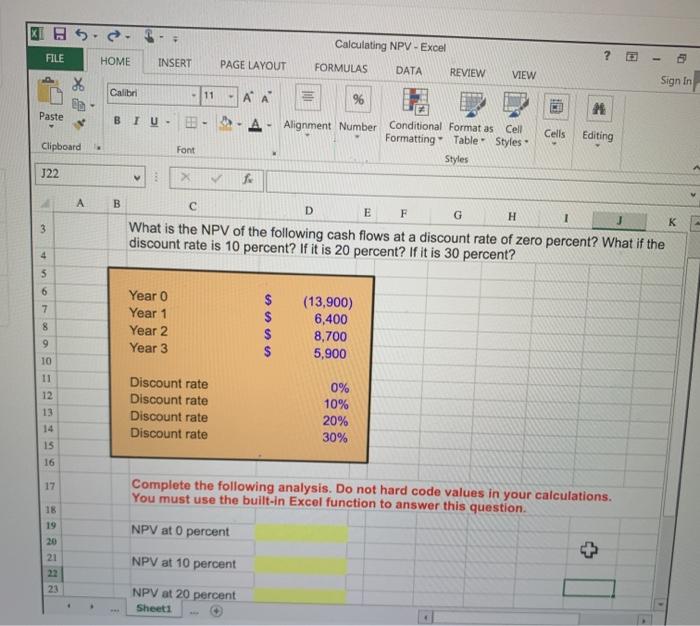  KB 5 FILE HOME Calculating NPV - Excel FORMULAS DATA REVIEW