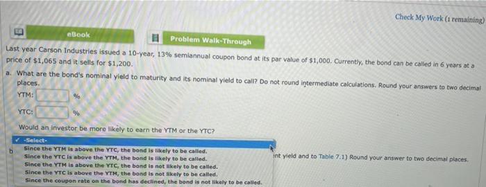  Check My Work (1 remaining) E eBook Problem Walk-Through Last year
