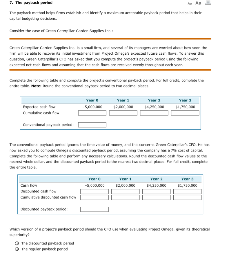 7. The payback period Aa Aa The payback method helps firms