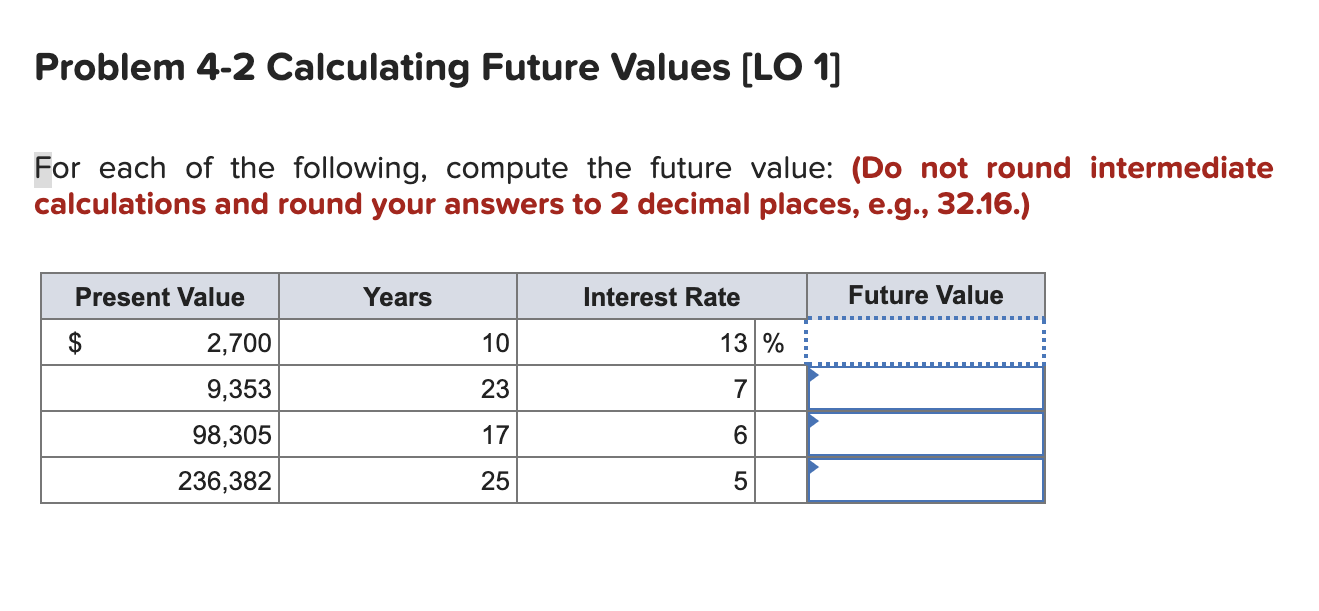  Problem 4-2 Calculating Future Values [LO 1] For each of the