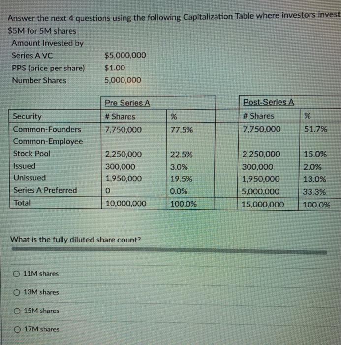  Answer the next 4 questions using the following Capitalization Table where