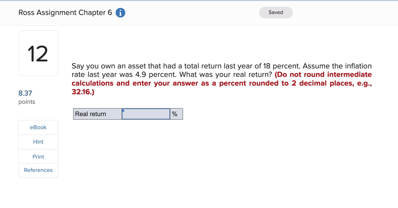  Ross Assignment Chapter 6 i 12 8.37 points eBook Hint Print