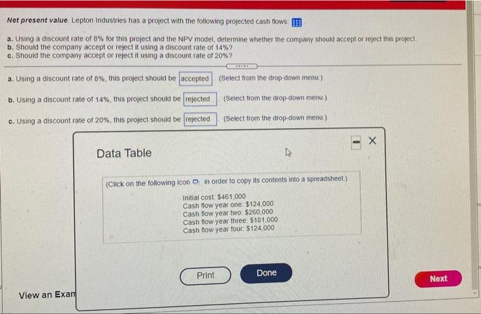 9-4 Net present value Lepton Industries has a project with the following