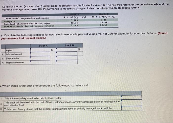  Consider the two (excess return) Index-model regression results for stocks A