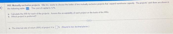 please i need the ans ASAP IRR: Mutually exclusive projects Nele inc