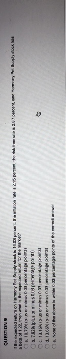 QUESTION 9 If the expected return on Harmony Pet Supply stock