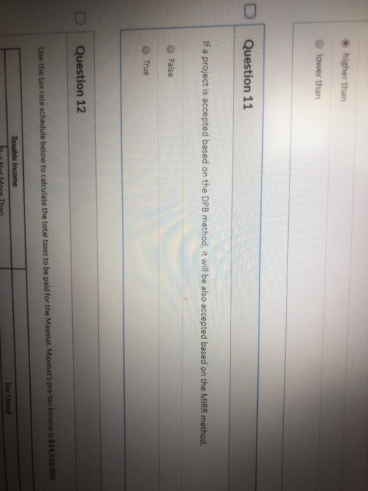  higher than lower than Question 11 If a project is accepted
