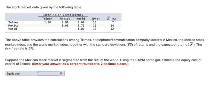  The stock market data given by the following table. Correlation coefficients