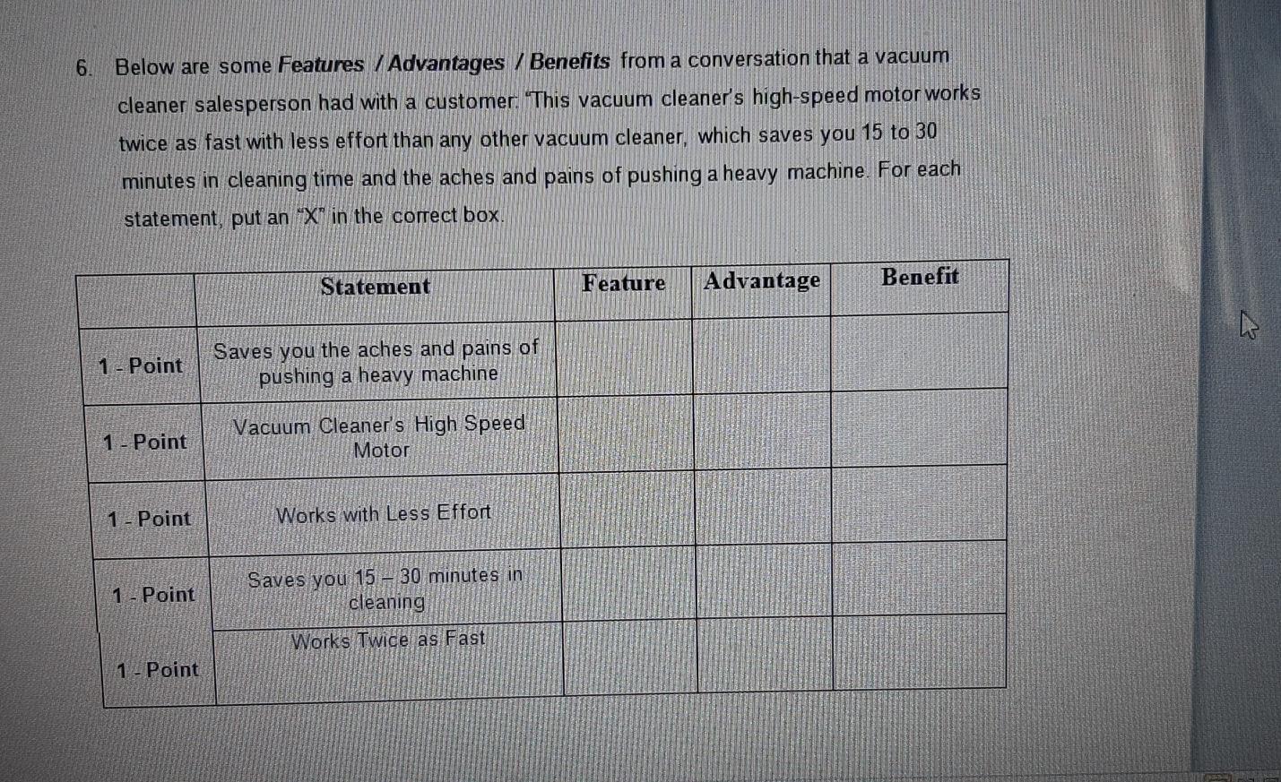  6. Below are some Features / Advantages / Benefits from a