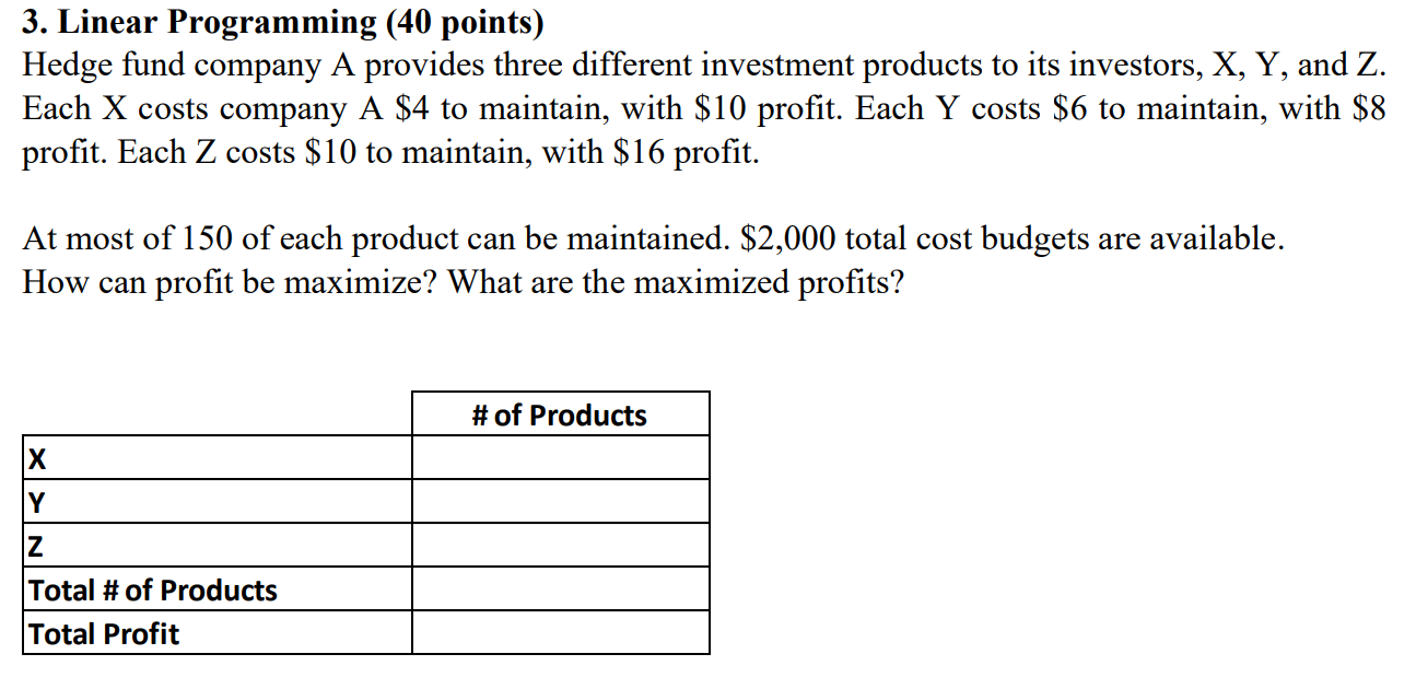 3. Linear Programming (40 points) Hedge fund company A provides three different