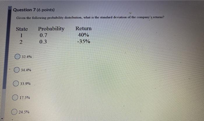  Question 7 (6 points) Given the following probability distribution, what is