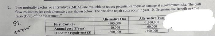  Two mutually exclusive alternatives (MEAs) are available to reduce potential earthquake