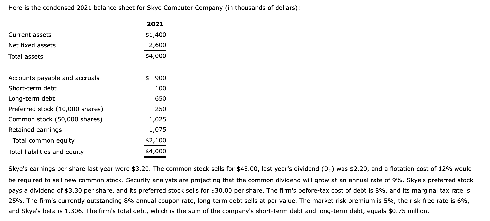 If Skye continues to use the same market-value capital structure, what is