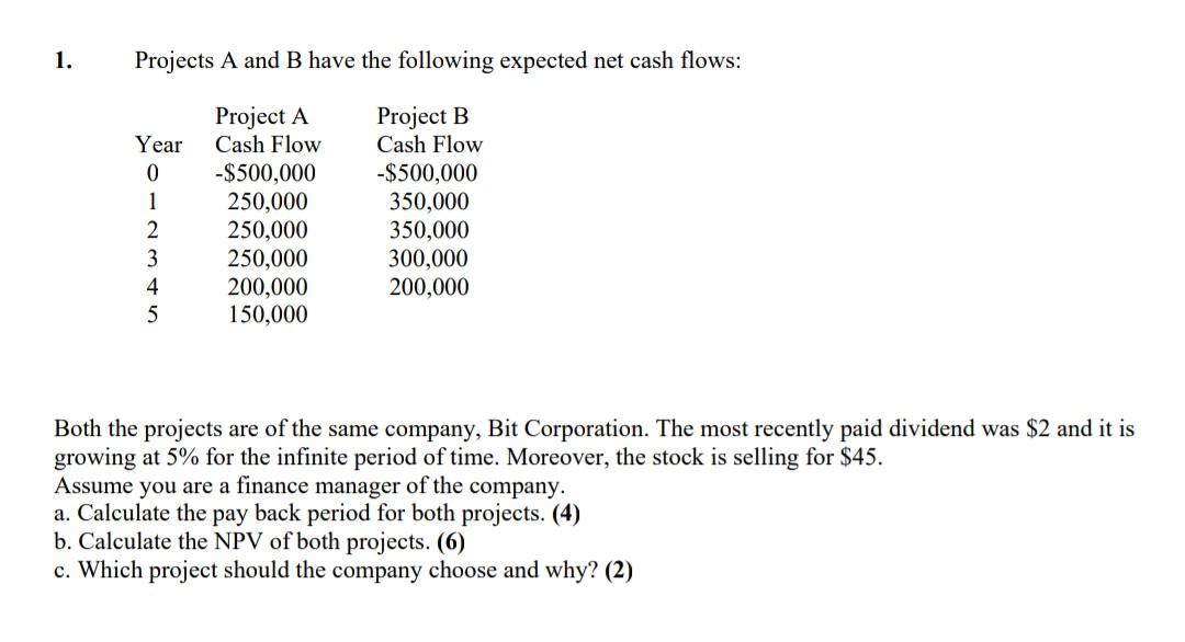  plz answer a,b,c thnku 1. Projects A and B have the