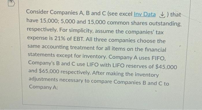  Consider Companies A, B and C (see excel Inv Data )