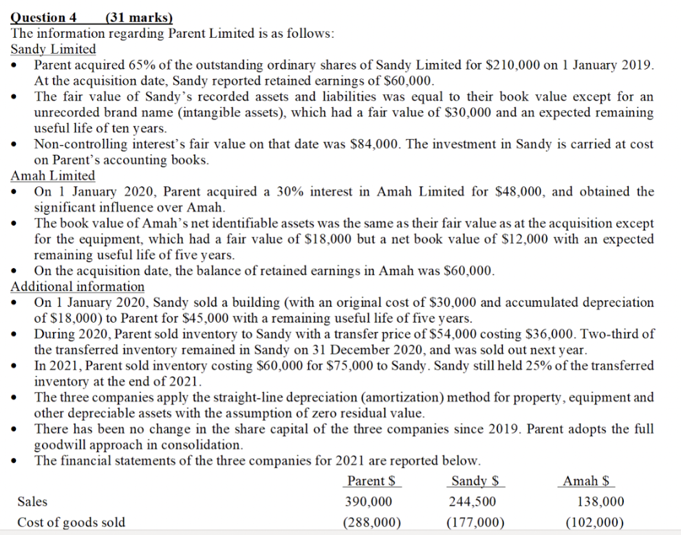  . Question 4 (31 marks) The information regarding Parent Limited is