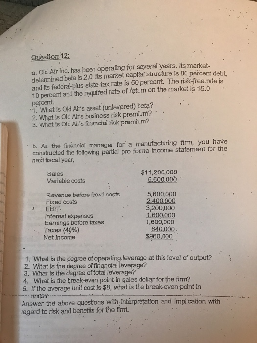  Question 12: a. Old Air inc. has been operating for several