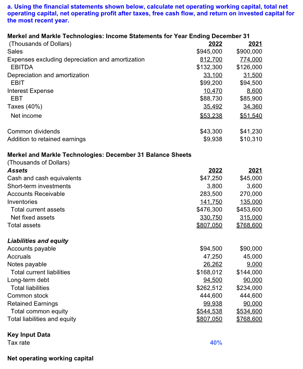 a. Using the financial statements shown below, calculate net operating working
