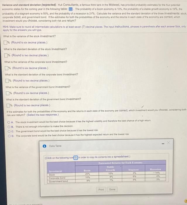  Variance and standard deviation (expected). Hull Consultants, a famous think tank
