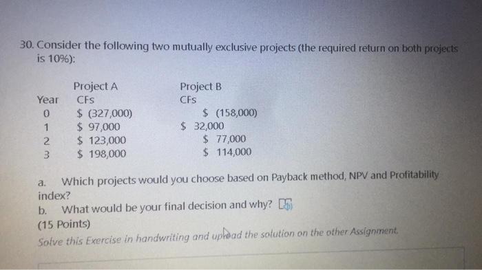  30. Consider the following two mutually exclusive projects (the required return