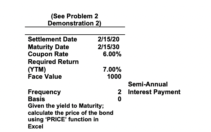 please use excel (See Problem 2 Demonstration 2) Settlement Date 2/15/20 Maturity