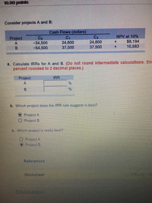  10.00 ponts Consider projects A and B Cash Flows (dollars) Ct