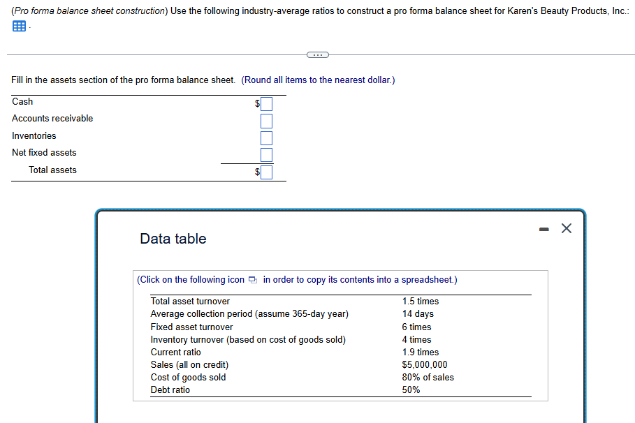  (Pro forma balance sheet construction) Use the following industry-average ratios to
