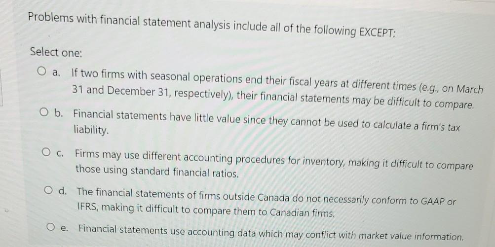 Problems with financial statement analysis include all of the following EXCEPT: