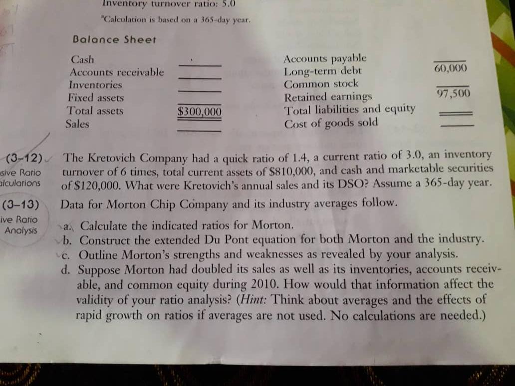  only solution for 3-13 a is needed . Inventory turnover ratio: