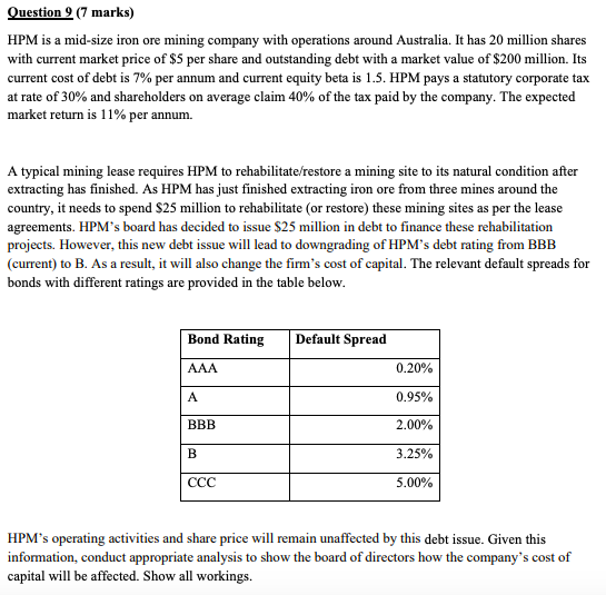  Question 9 (7 marks) HPM is a mid-size iron ore mining