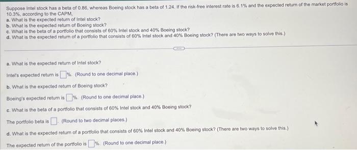 PLEASE HELP!! thank you Suppose Intel stock has a beta of 0.86