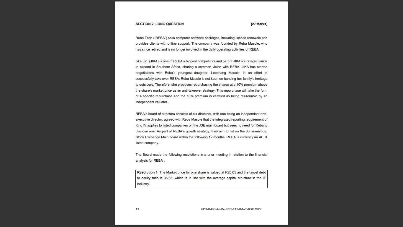  SECTION 2: LONG QUESTION [27 Marks] Reba Tech (\"REBA\") sells computer