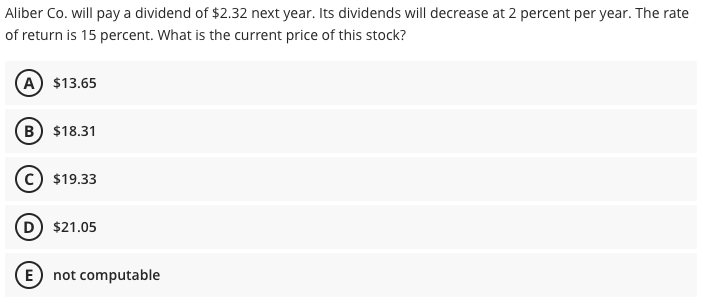 PLEASE SOLVE USING EXCEL FORMULAS Aliber Co. will pay a dividend of