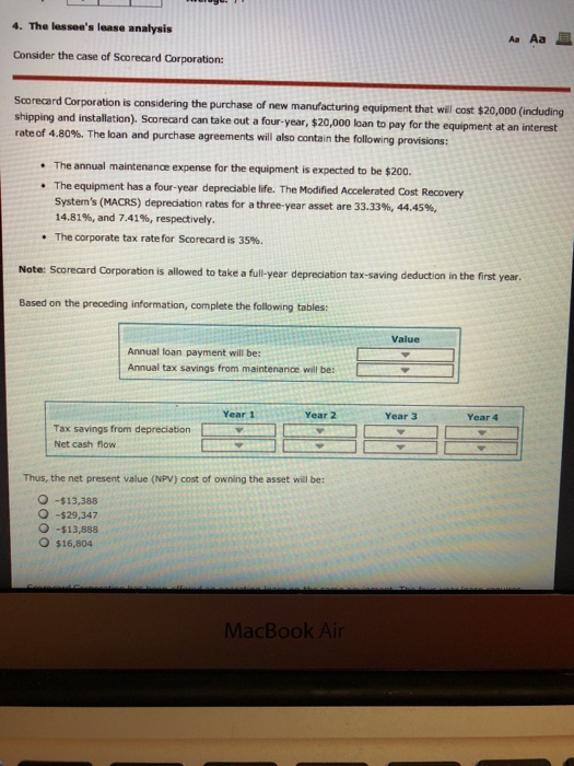  4- The lessee's lease analysis A Aa Consider the case of