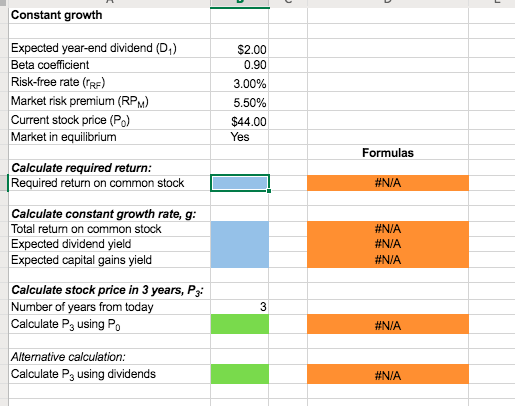 Constant growth Expected year-end dividend (D) Beta coefficient Risk-free rate (F)