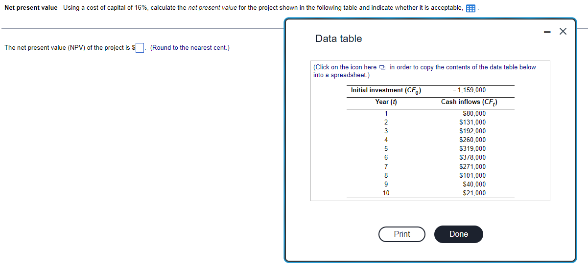  Data table The net present value (NPV) of the project is