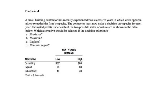  Problem 4. A small building contractor has recently experienced two successive