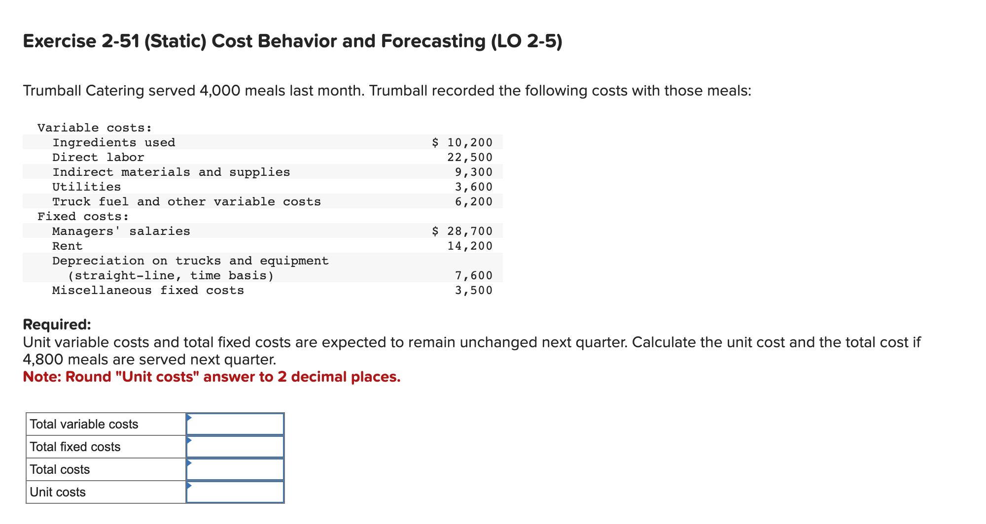 Exercise 2-51 (Static) Cost Behavior and Forecasting (LO 2-5) Trumball Catering