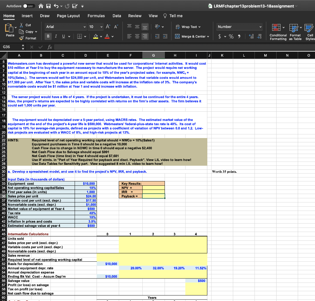 please show formulas. AutoSave OFF LRMFchapter 13problem13-18assignment Home Insert Draw Page Layout