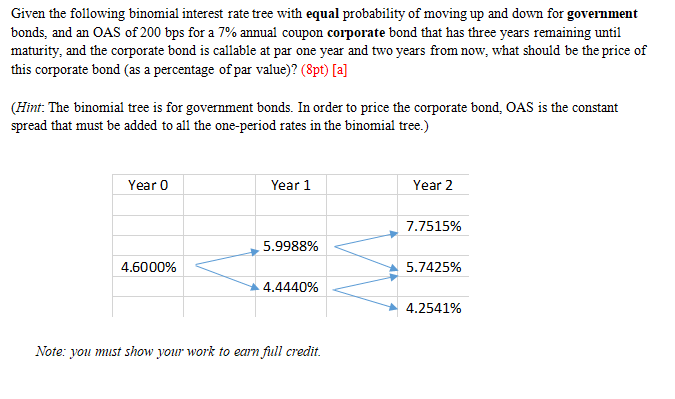  Given the following binomial interest rate tree with equal probability of
